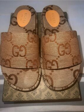 Tan Patterned Slip-On Platform Sandals
